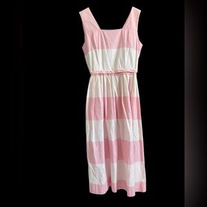 Vintage Lanz Pink/White Stripe Square Neck Cotton Midi Dress USA Sz 4 Petite